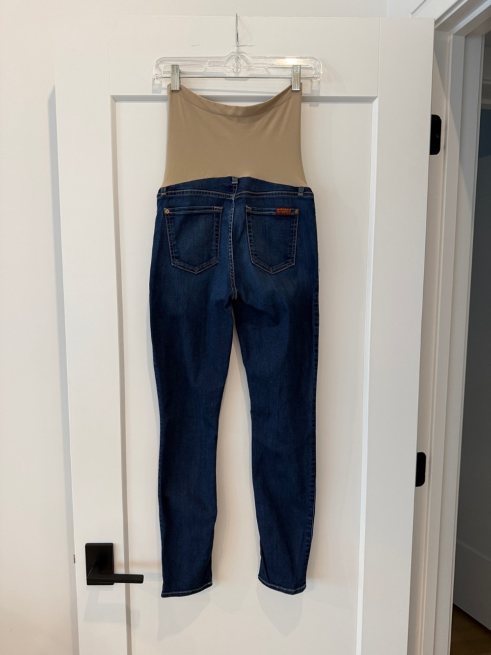 7 For All Mankind Blue Maternity Skinny Jeans with Tan Belly Panel